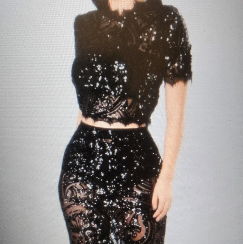 Fashion Nova Black Sequin & Lace Mermaid Skirt Set